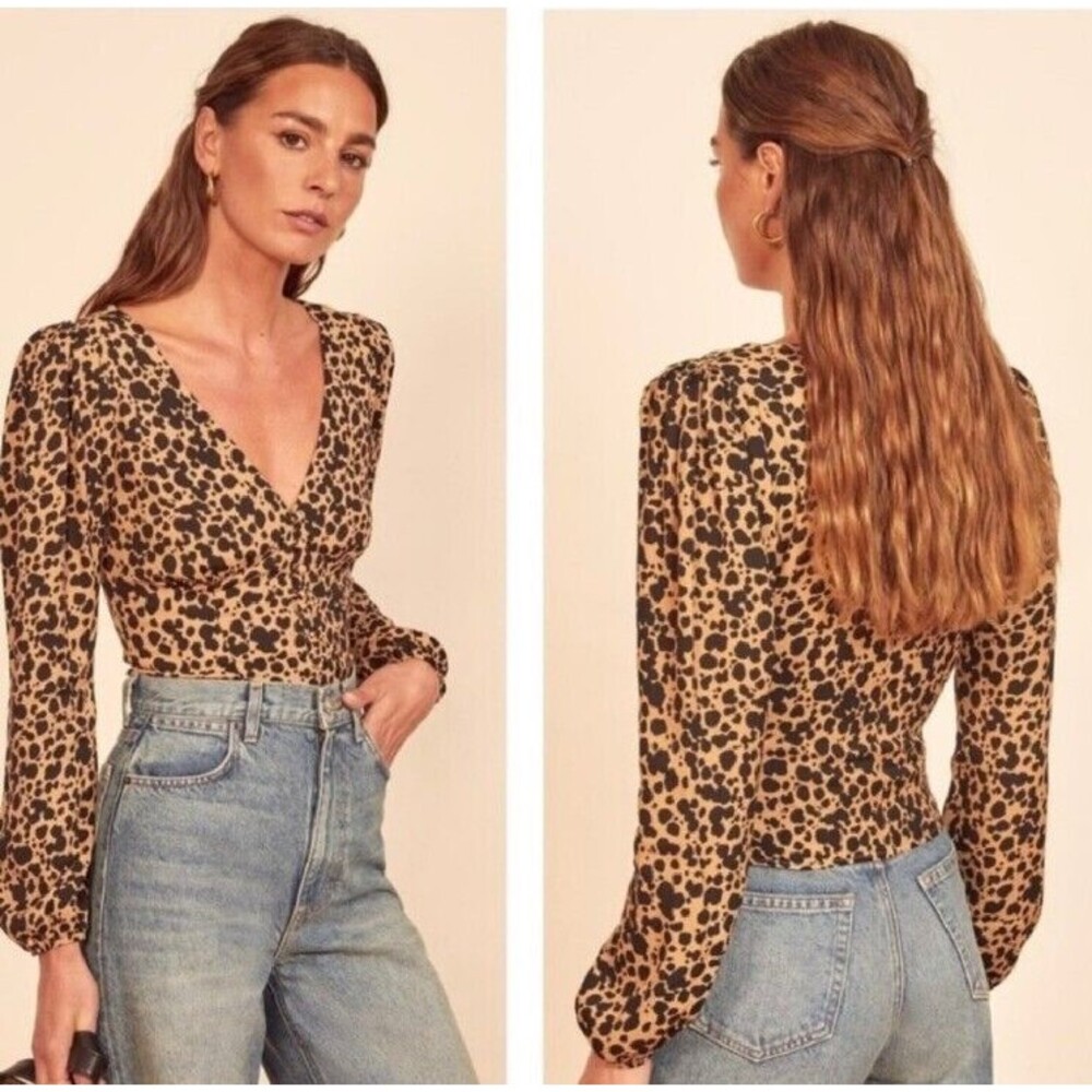Reformation Nell Leopard Long Sleeve Blouse Top Size XL